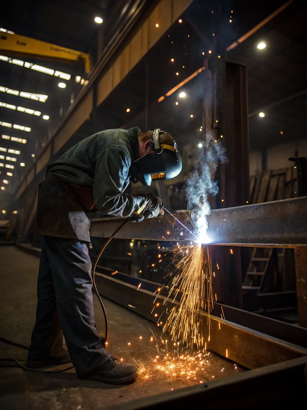 A close-up shot of a skilled metalworker welding a heavy metal structure, showcasing precision and expertise in custom fabrication.